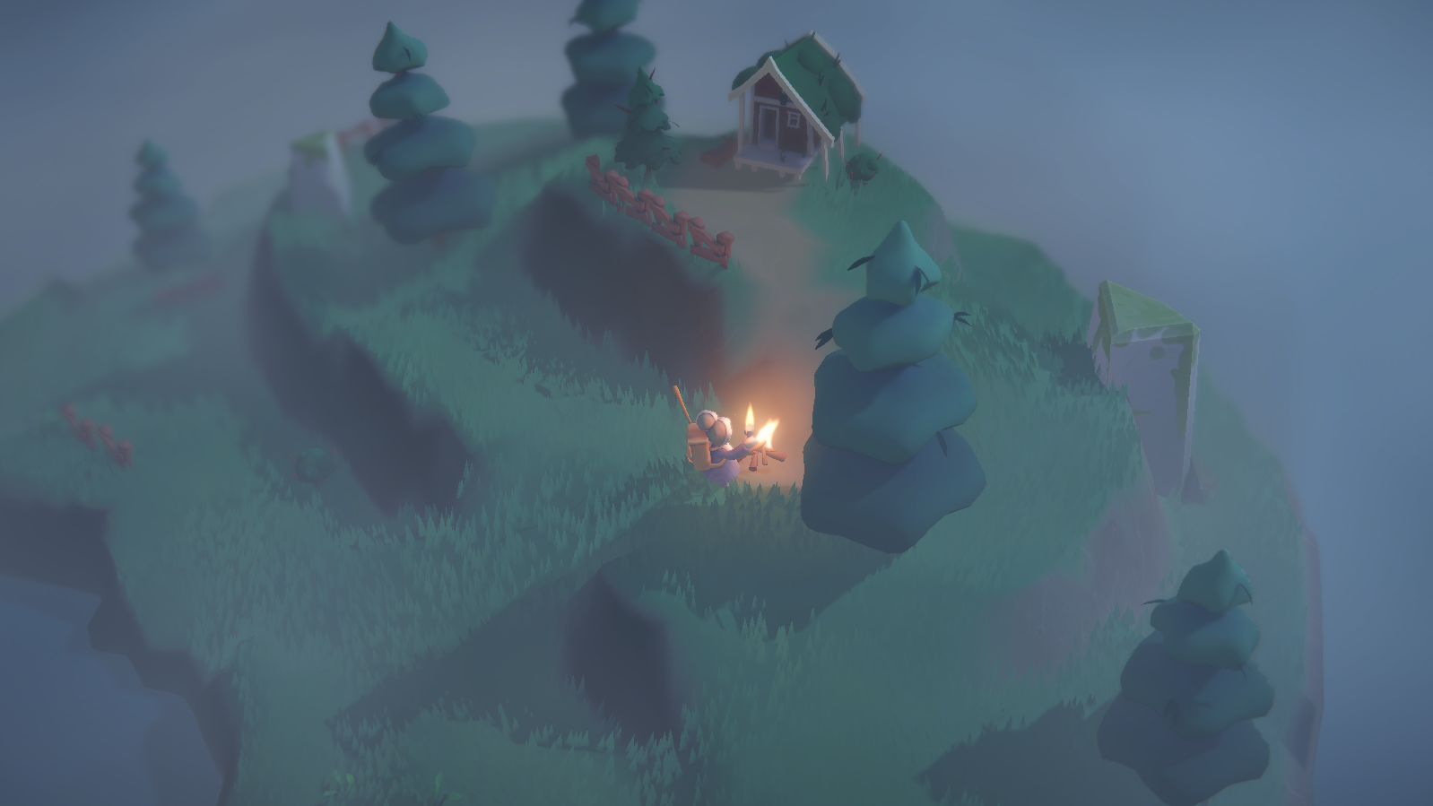 The player character lighting a campfire